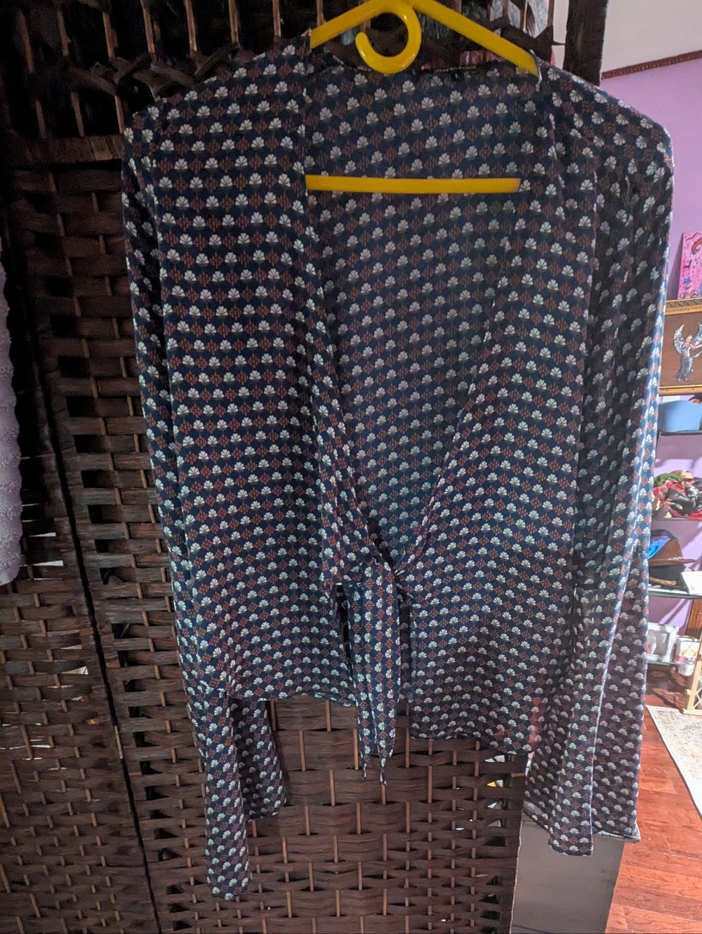 Olivaceous Navy Blouse with Coral and White Floral Motif
